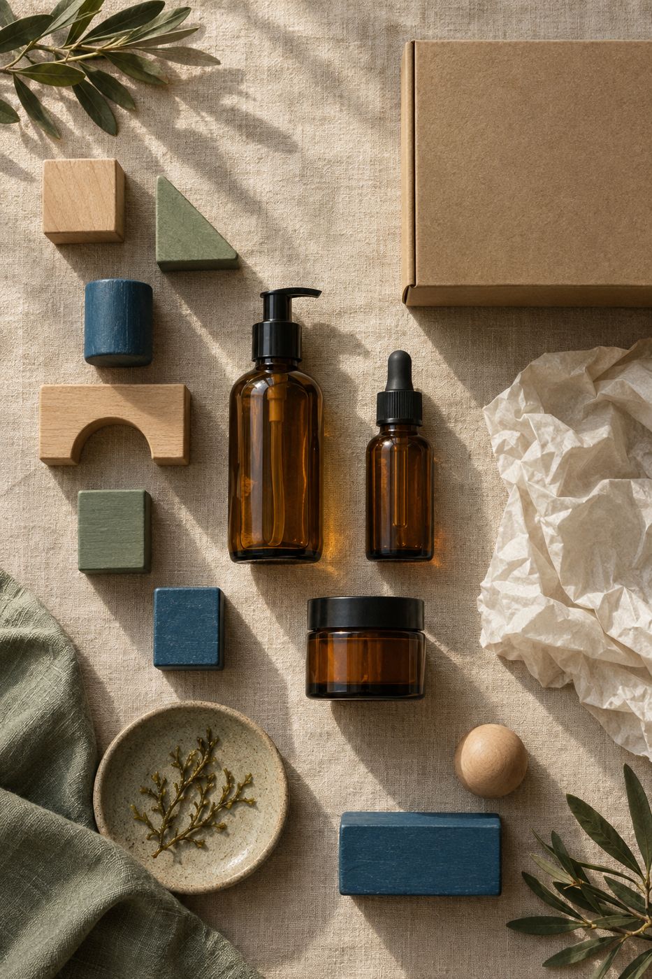 Unbranded toys, skincare bottles and a kraft box arranged on linen