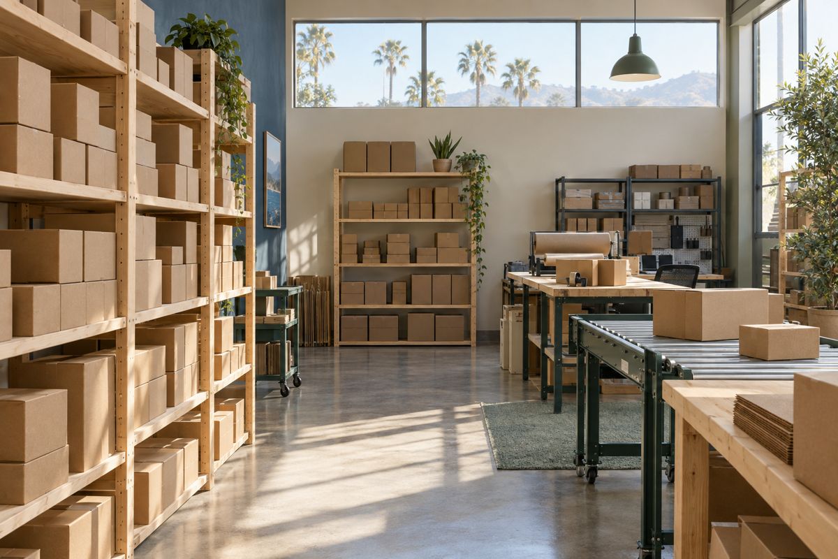 Organized shelving with kraft shipping boxes in a sunlit warehouse